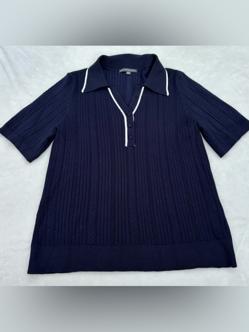 Adrianna Papell Navy V-Neck Polo Sweater with White Trim